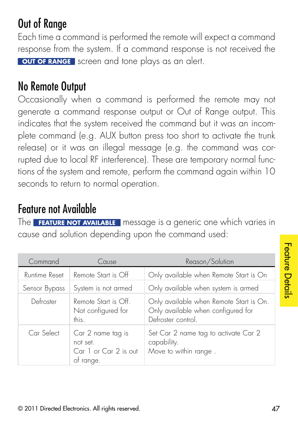 Out of range, No remote output, Feature not available | CLIFFORD 590.4X User Manual | Page 50 / 69