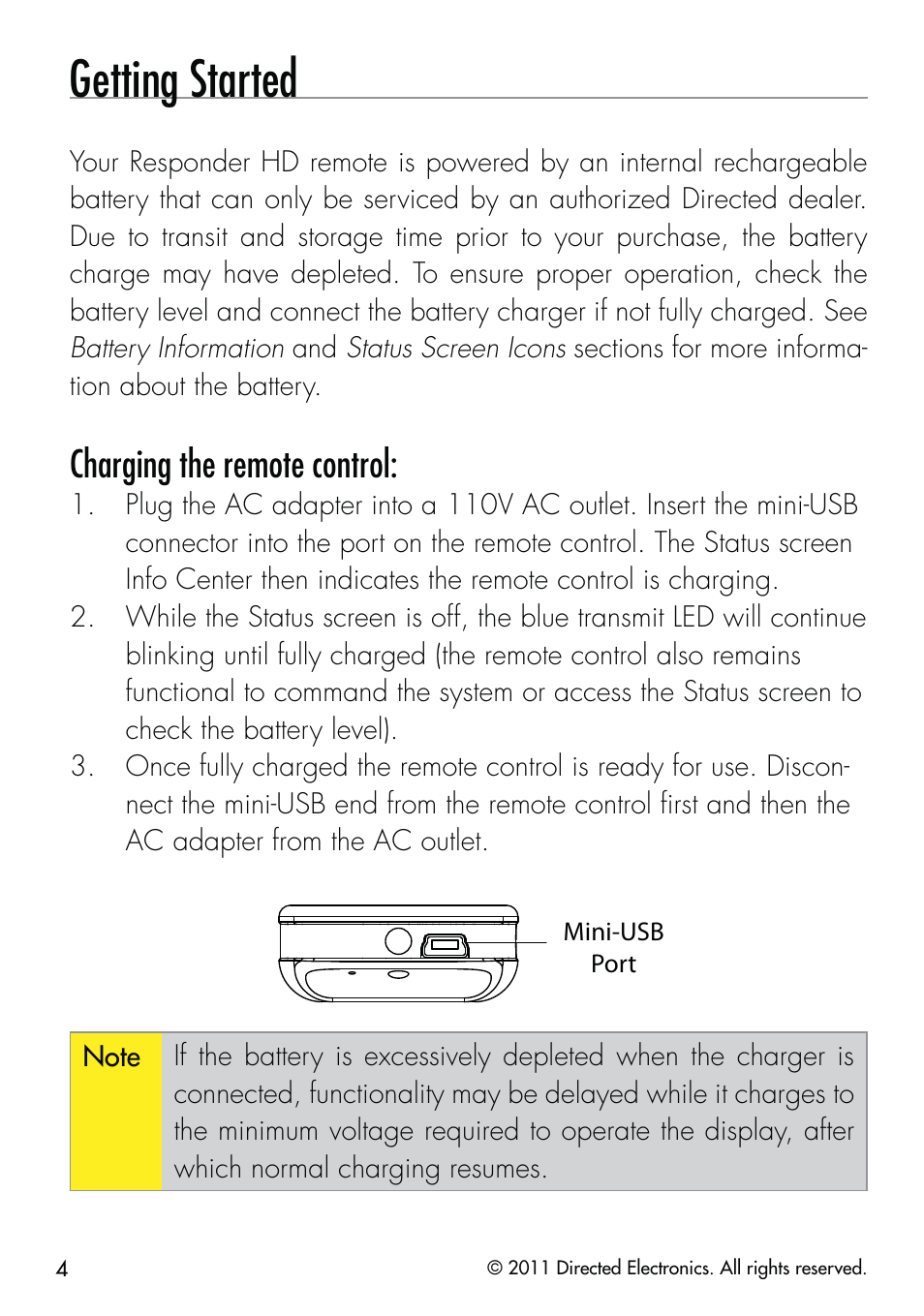 Getting started, Charging the remote control | CLIFFORD 590.4X User Manual | Page 7 / 69