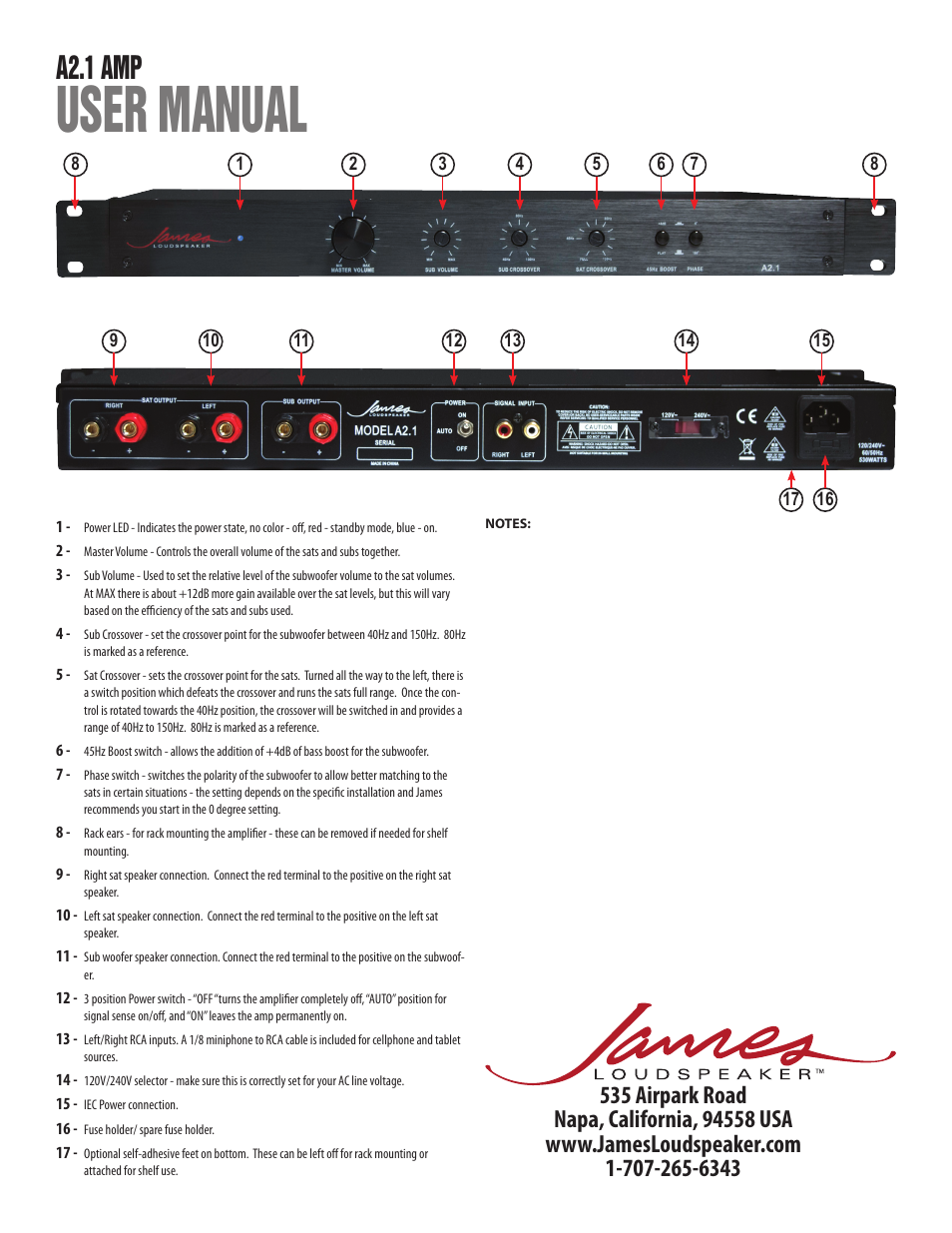 User manual, A2.1 amp | James Loudspeaker A2.1 Amp User Manual | Page 2 / 2