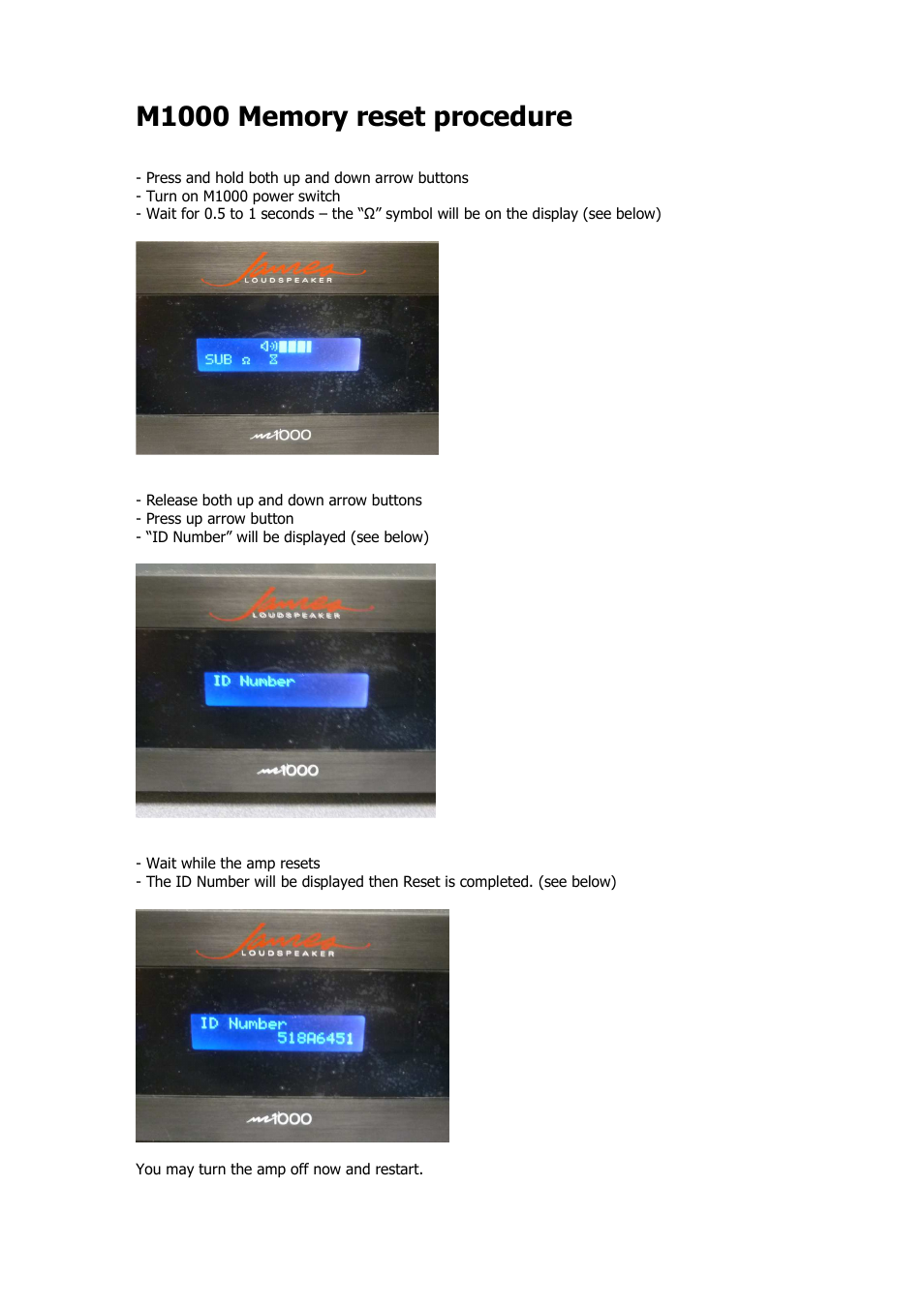 James Loudspeaker M1000 Memory reset procedure User Manual | 1 page