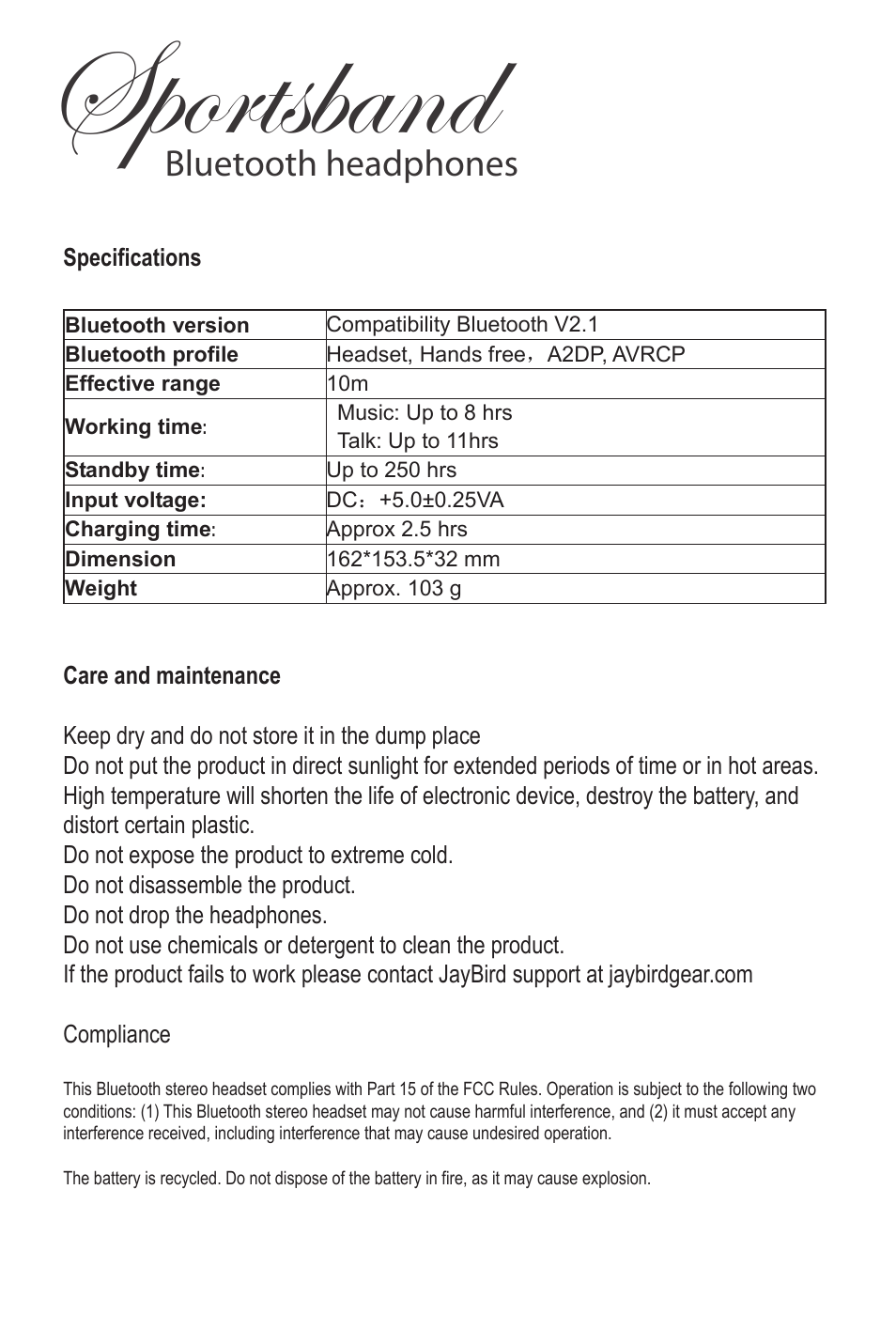 Sb1-usermanual-20100225-10, Sportsband, Bluetooth headphones | JayBird SB1 User Manual | Page 10 / 11