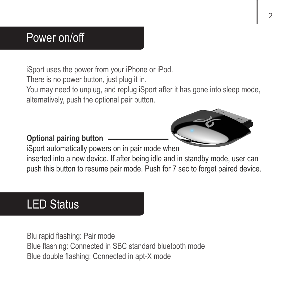 Power on/off, Led status | JayBird BAIP v.1 User Manual | Page 3 / 9