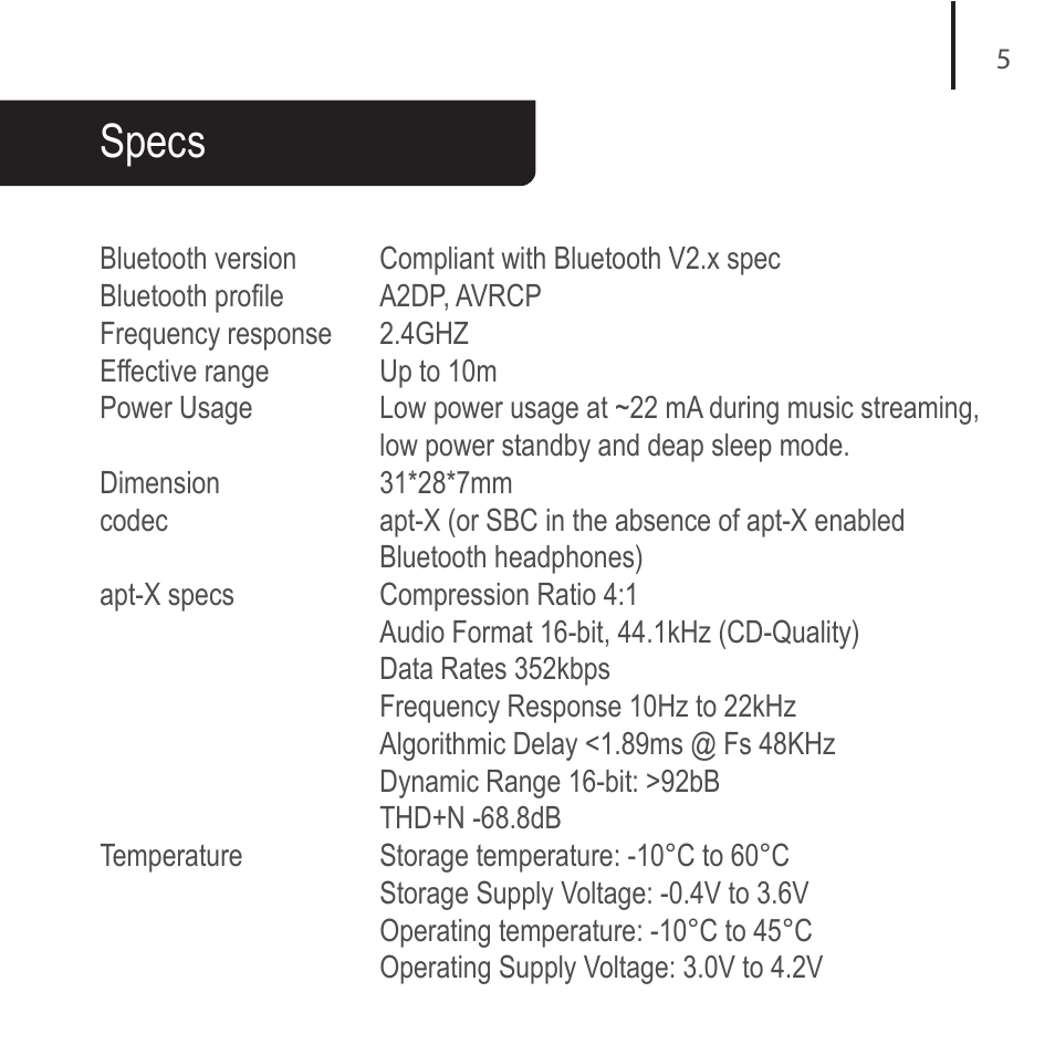 Specs | JayBird BAIP v.1 User Manual | Page 6 / 9