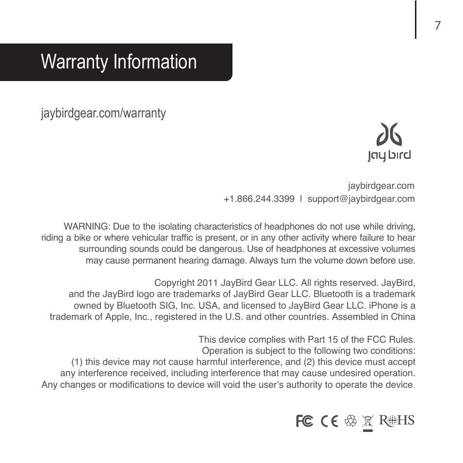 Warranty information | JayBird BAIP v.1 User Manual | Page 8 / 9