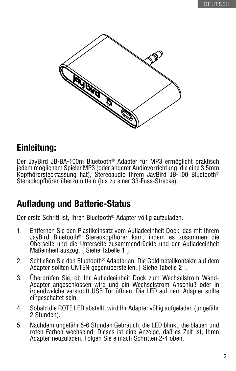 Einleitung, Aufladung und batterie-status | JayBird JBBA100m User Manual | Page 11 / 22