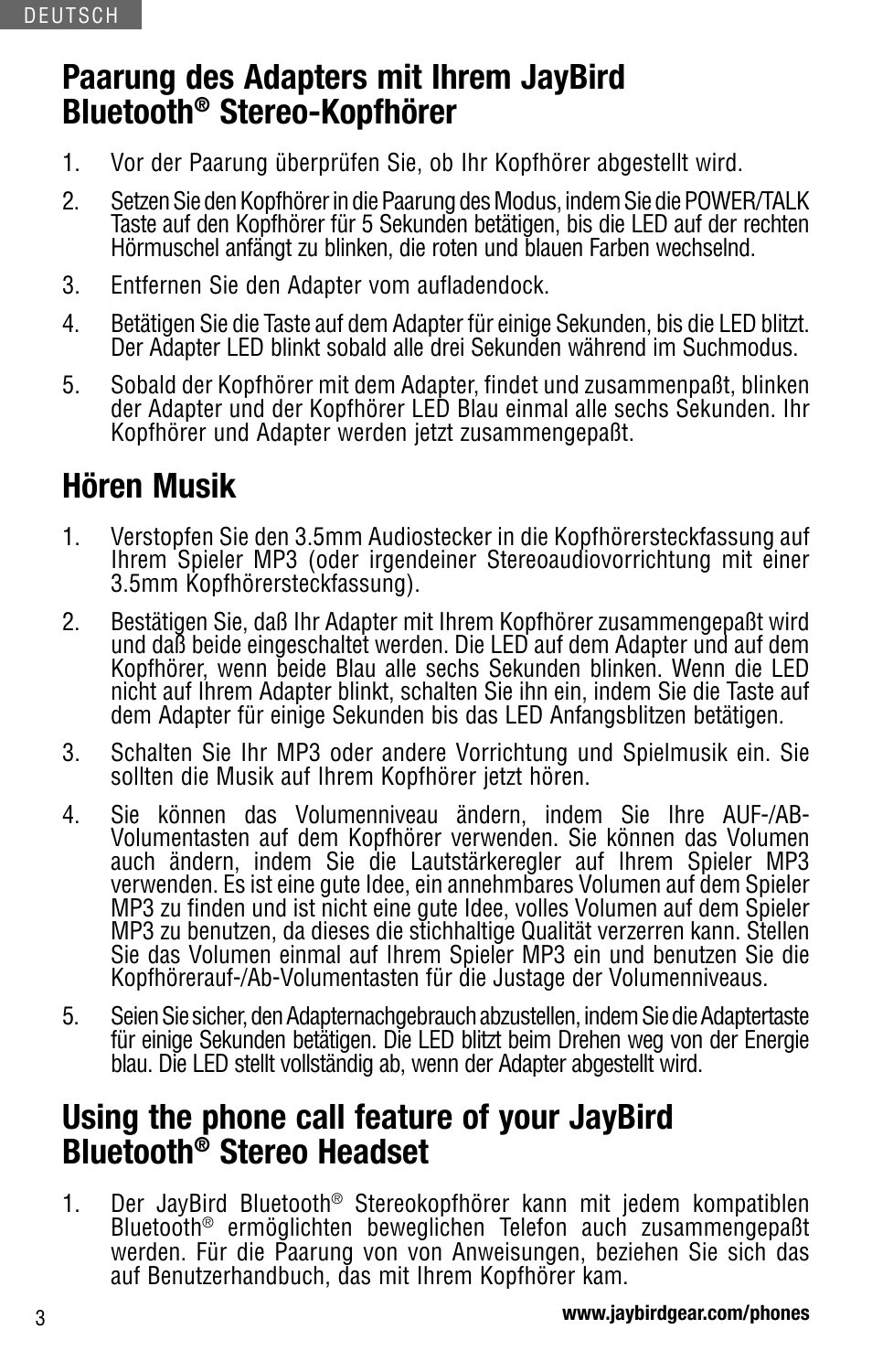 Paarung des adapters mit ihrem jaybird bluetooth, Stereo-kopfhörer, Hören musik | Stereo headset | JayBird JBBA100m User Manual | Page 12 / 22