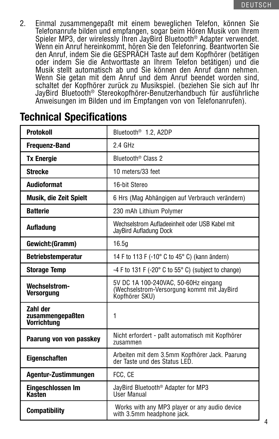Technical specifications | JayBird JBBA100m User Manual | Page 13 / 22
