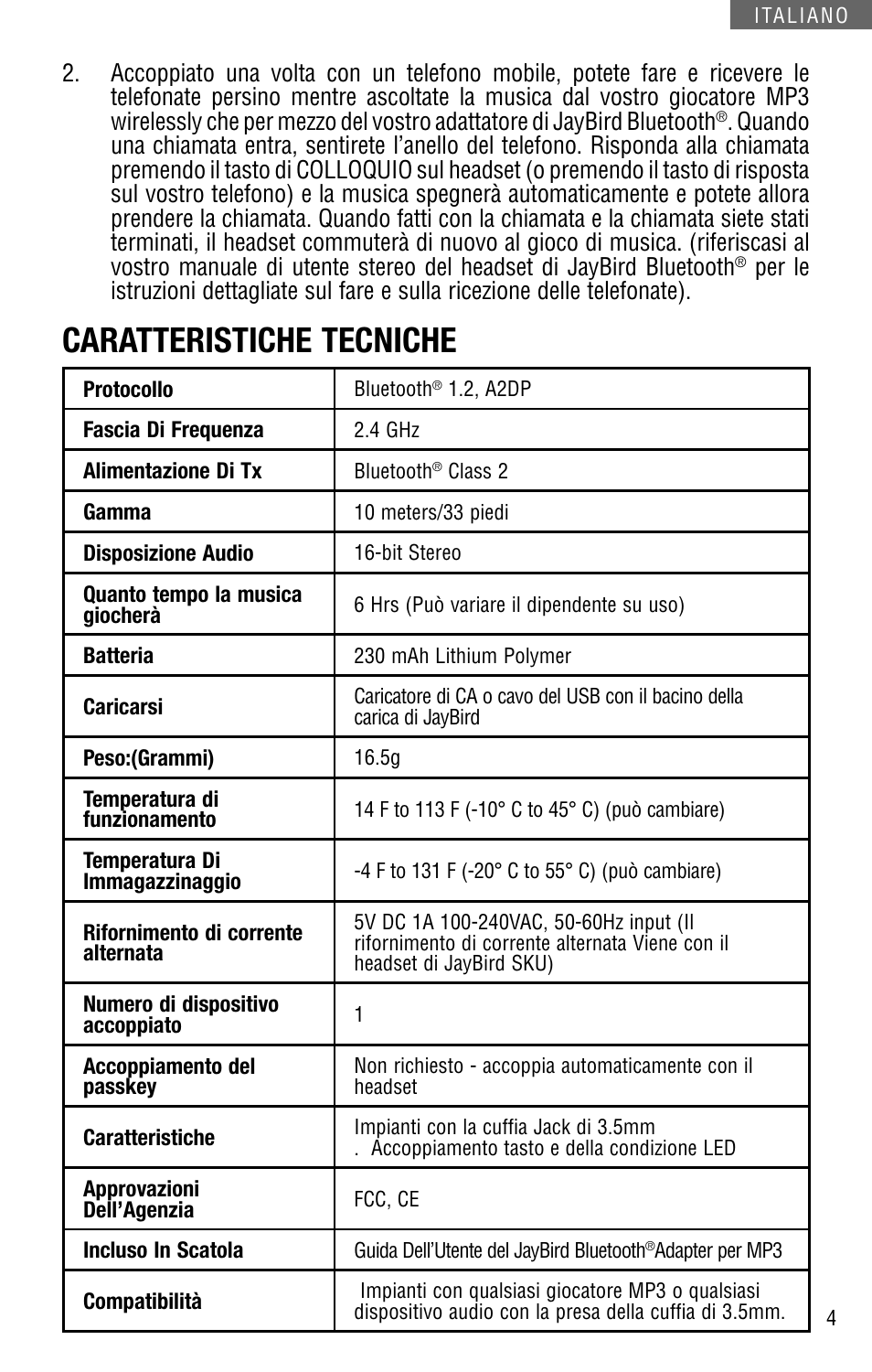 Caratteristiche tecniche | JayBird JBBA100m User Manual | Page 17 / 22