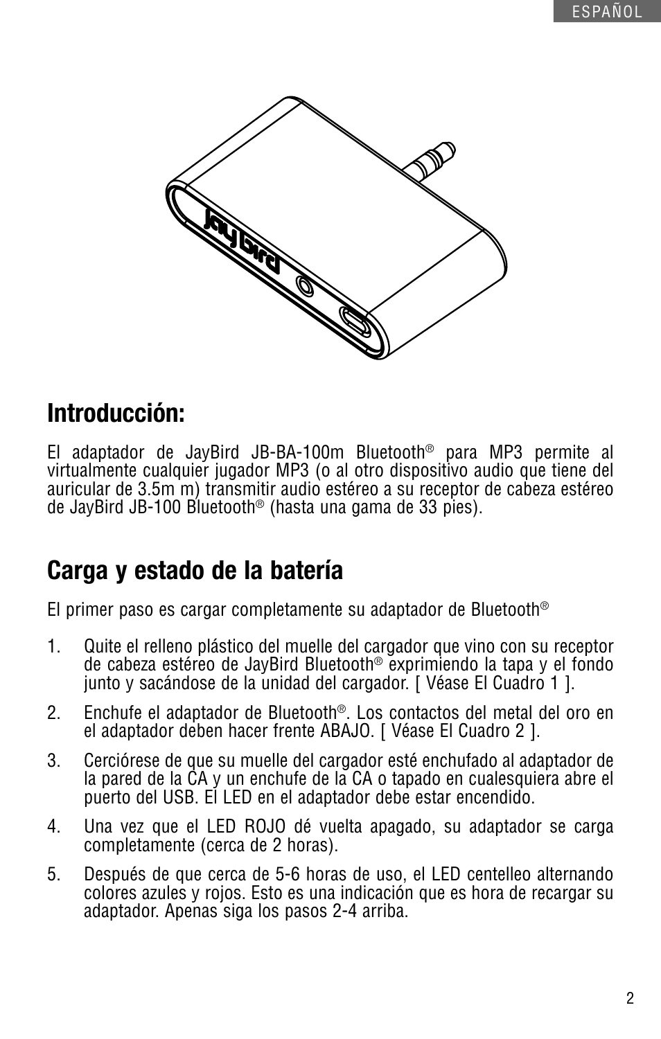 Introducción, Carga y estado de la batería | JayBird JBBA100m User Manual | Page 19 / 22
