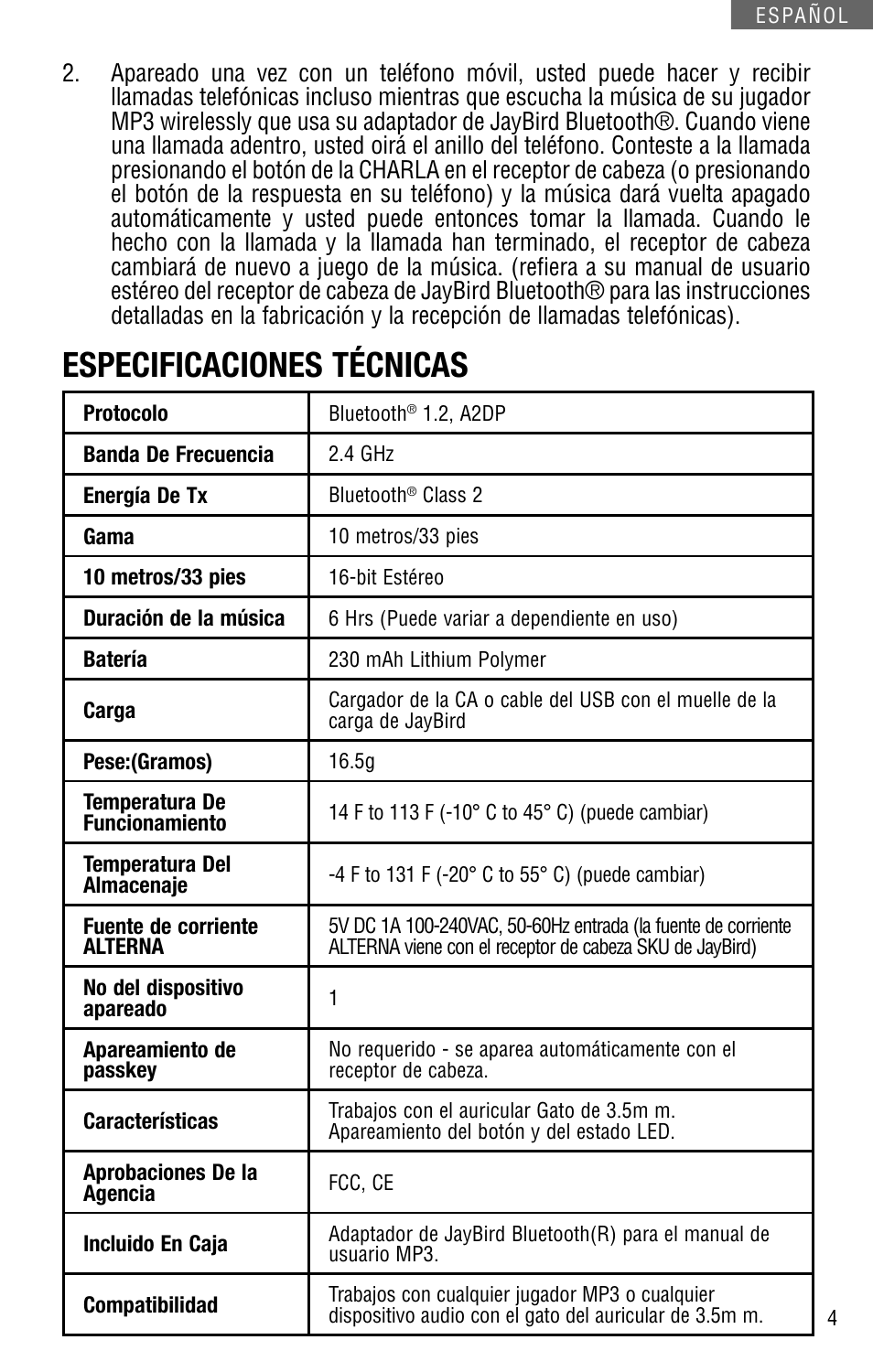 Especificaciones técnicas | JayBird JBBA100m User Manual | Page 21 / 22