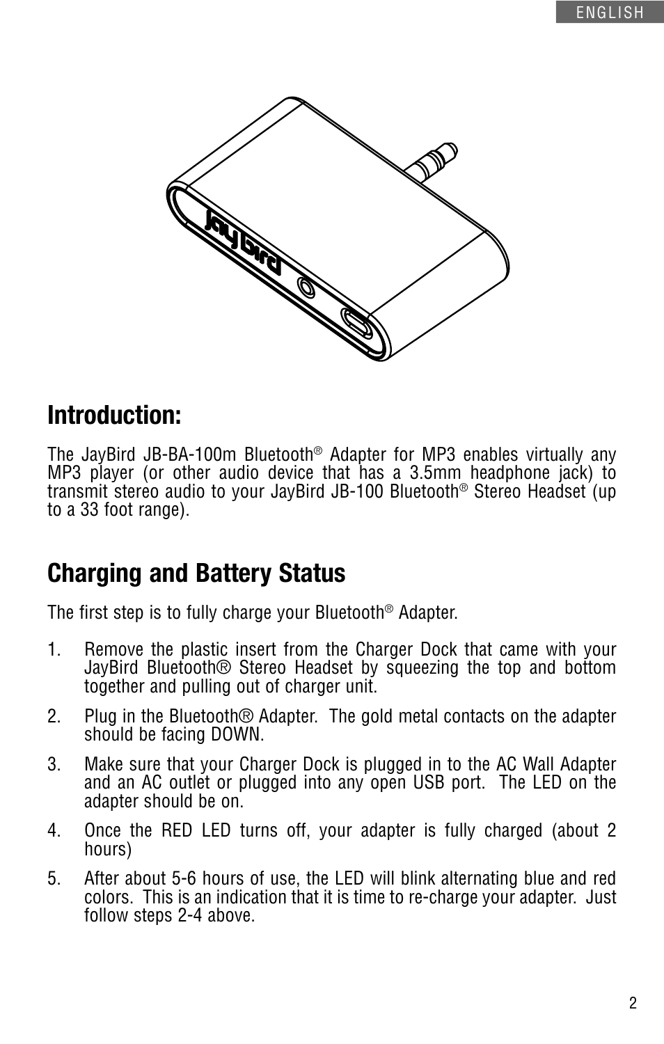 Introduction, Charging and battery status | JayBird JBBA100m User Manual | Page 3 / 22