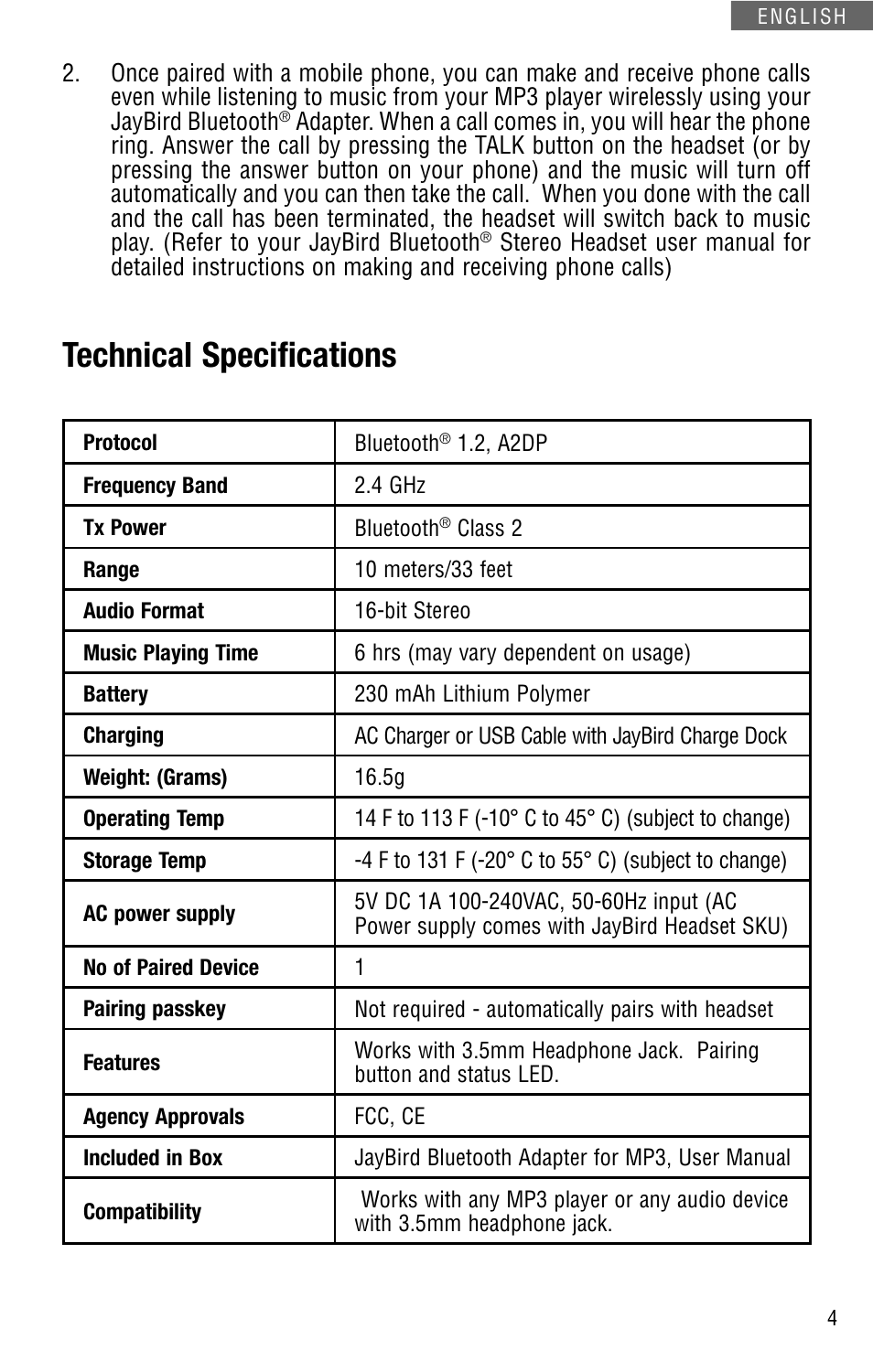 Technical specifications | JayBird JBBA100m User Manual | Page 5 / 22