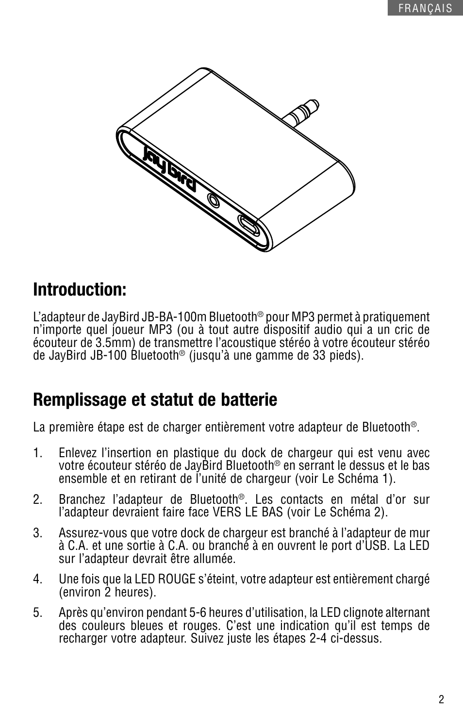 Introduction, Remplissage et statut de batterie | JayBird JBBA100m User Manual | Page 7 / 22