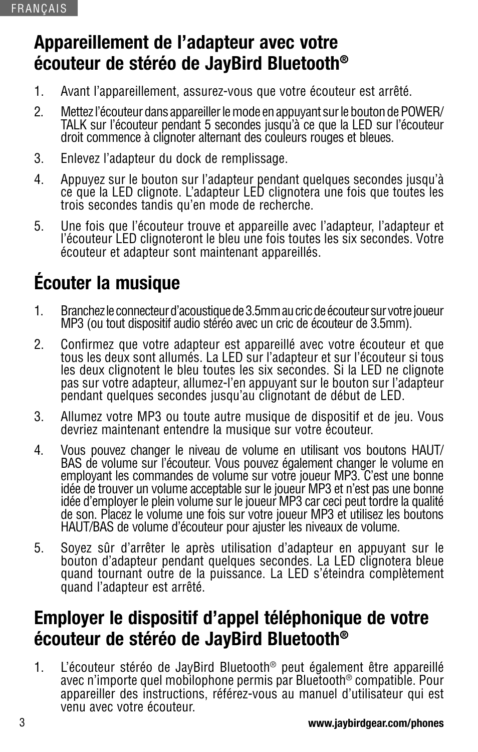 Écouter la musique | JayBird JBBA100m User Manual | Page 8 / 22
