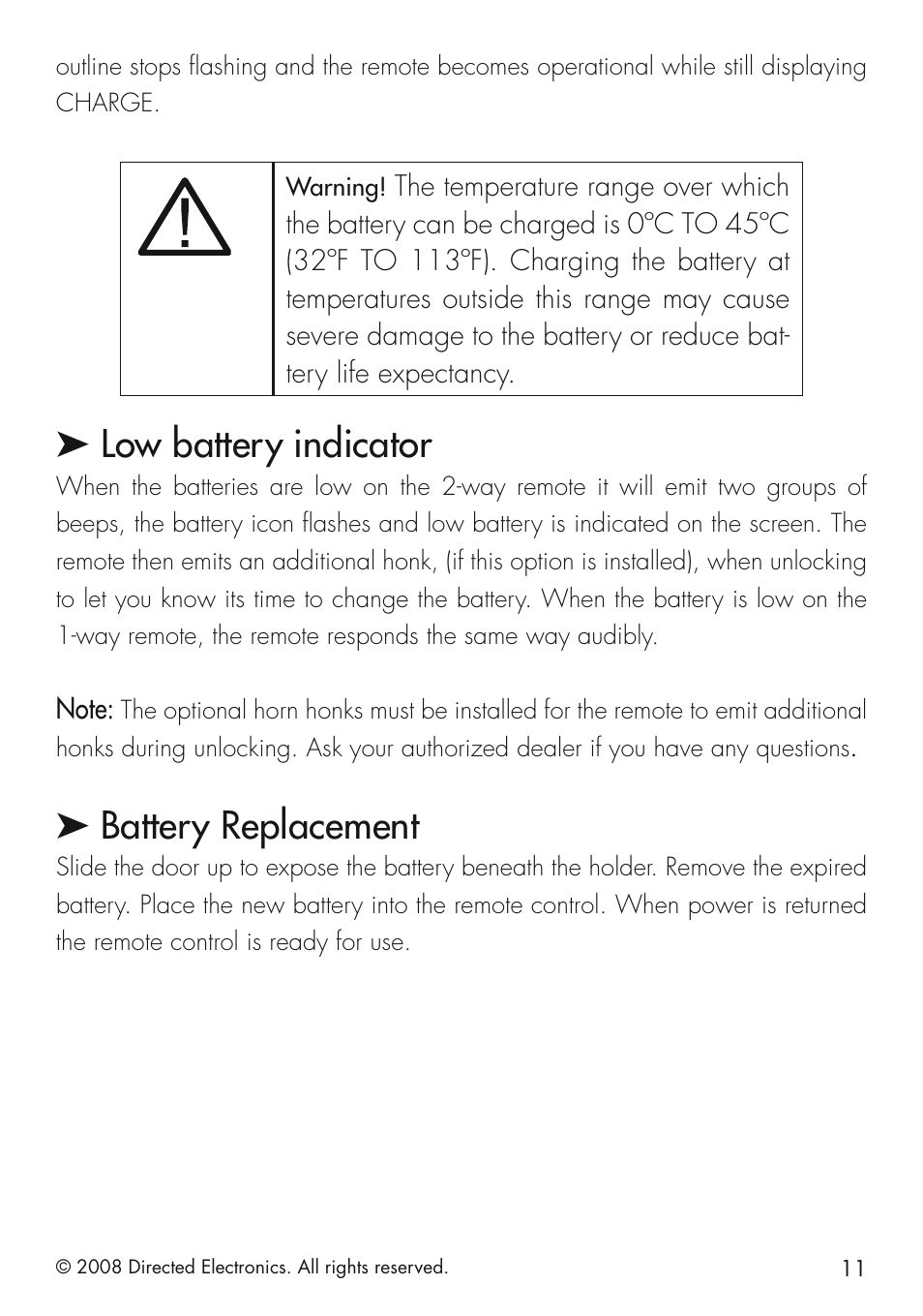 Low battery indicator, Battery replacement | CLIFFORD 20.7 User Manual | Page 11 / 52