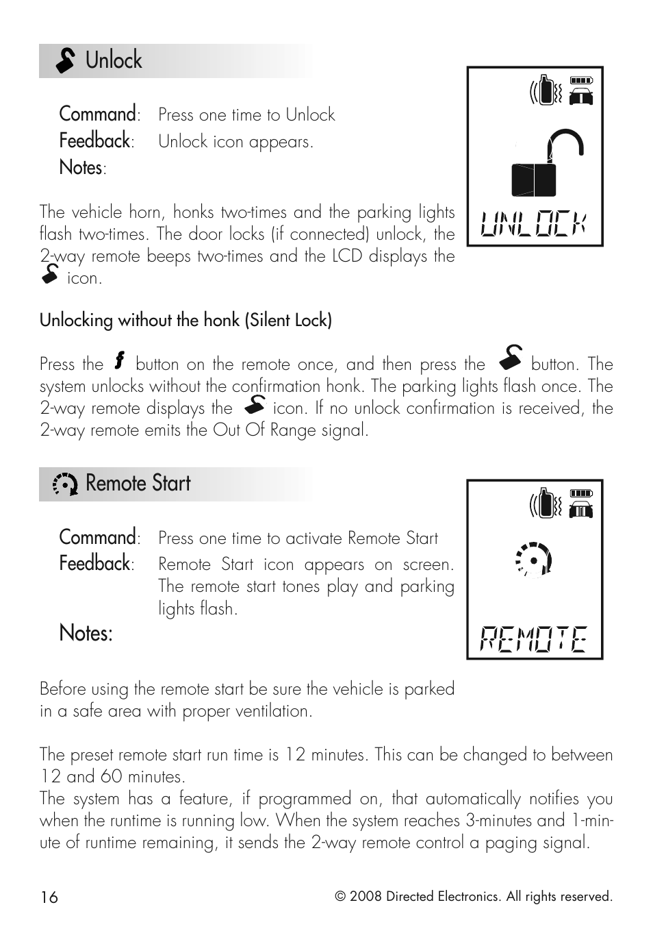 Unlock, Remote start | CLIFFORD 20.7 User Manual | Page 16 / 52