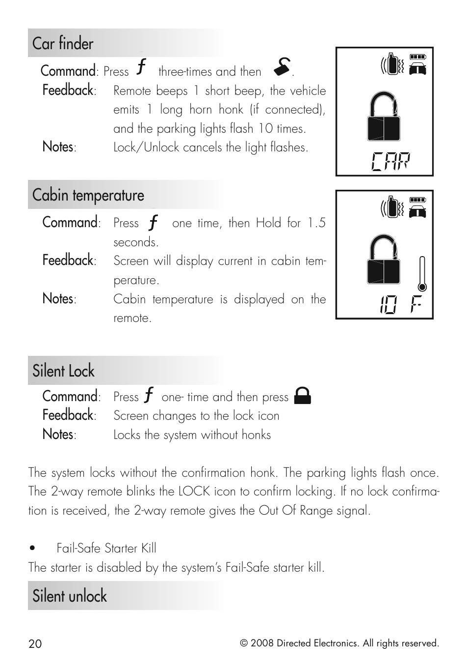 Car finder, Cabin temperature, Silent lock | Silent unlock | CLIFFORD 20.7 User Manual | Page 20 / 52
