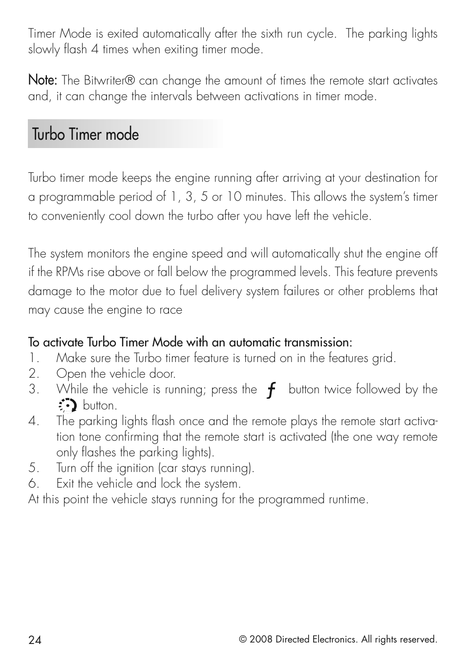 Turbo timer mode | CLIFFORD 20.7 User Manual | Page 24 / 52