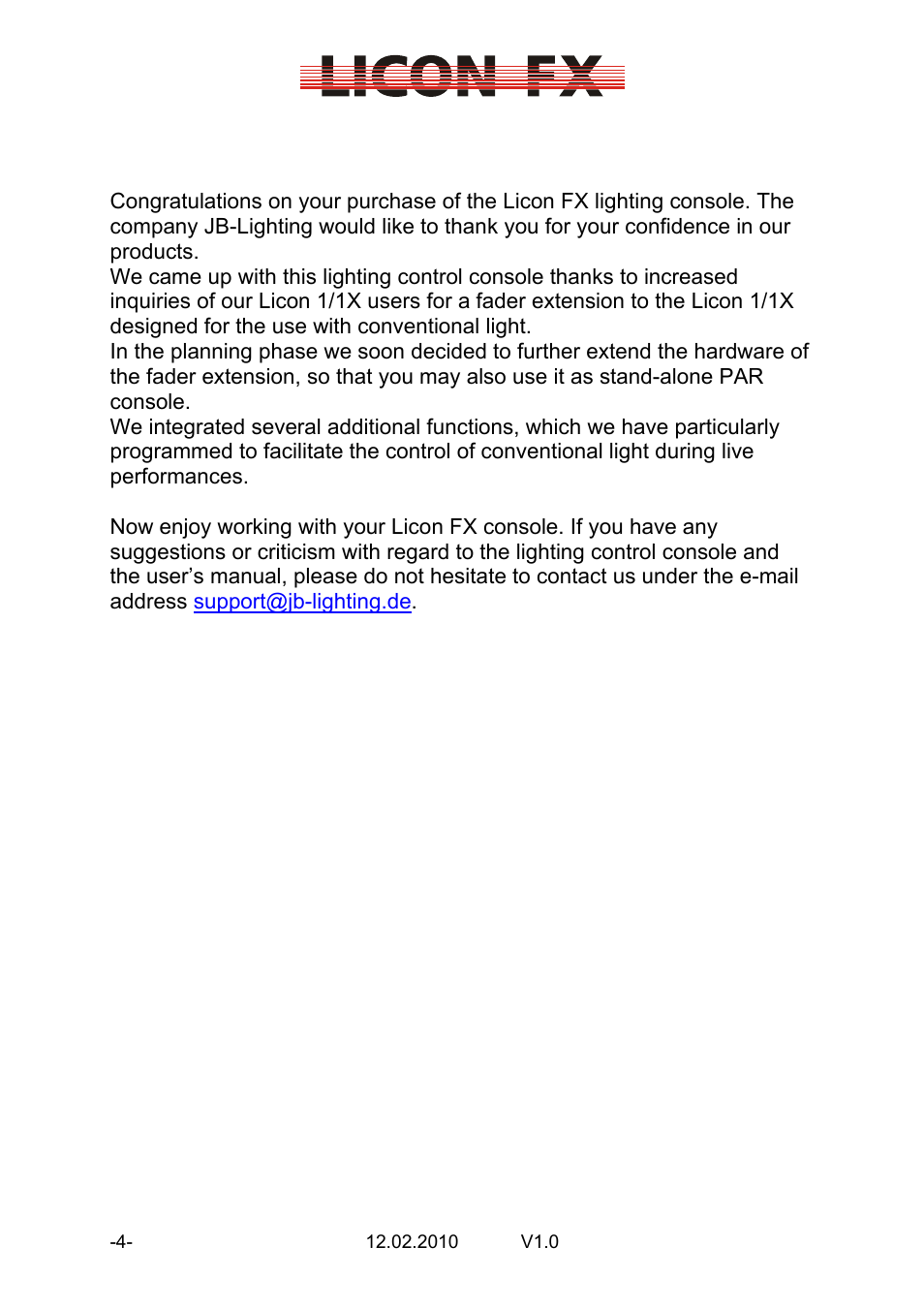 Foreword | JB-Lighting Licon FX User Manual | Page 4 / 44