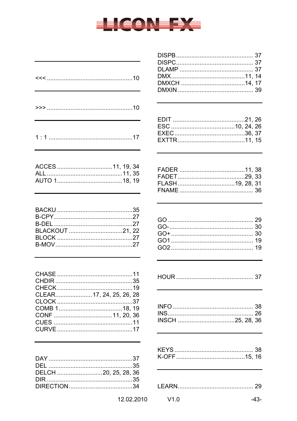 9 index of keys and softkeys | JB-Lighting Licon FX User Manual | Page 43 / 44