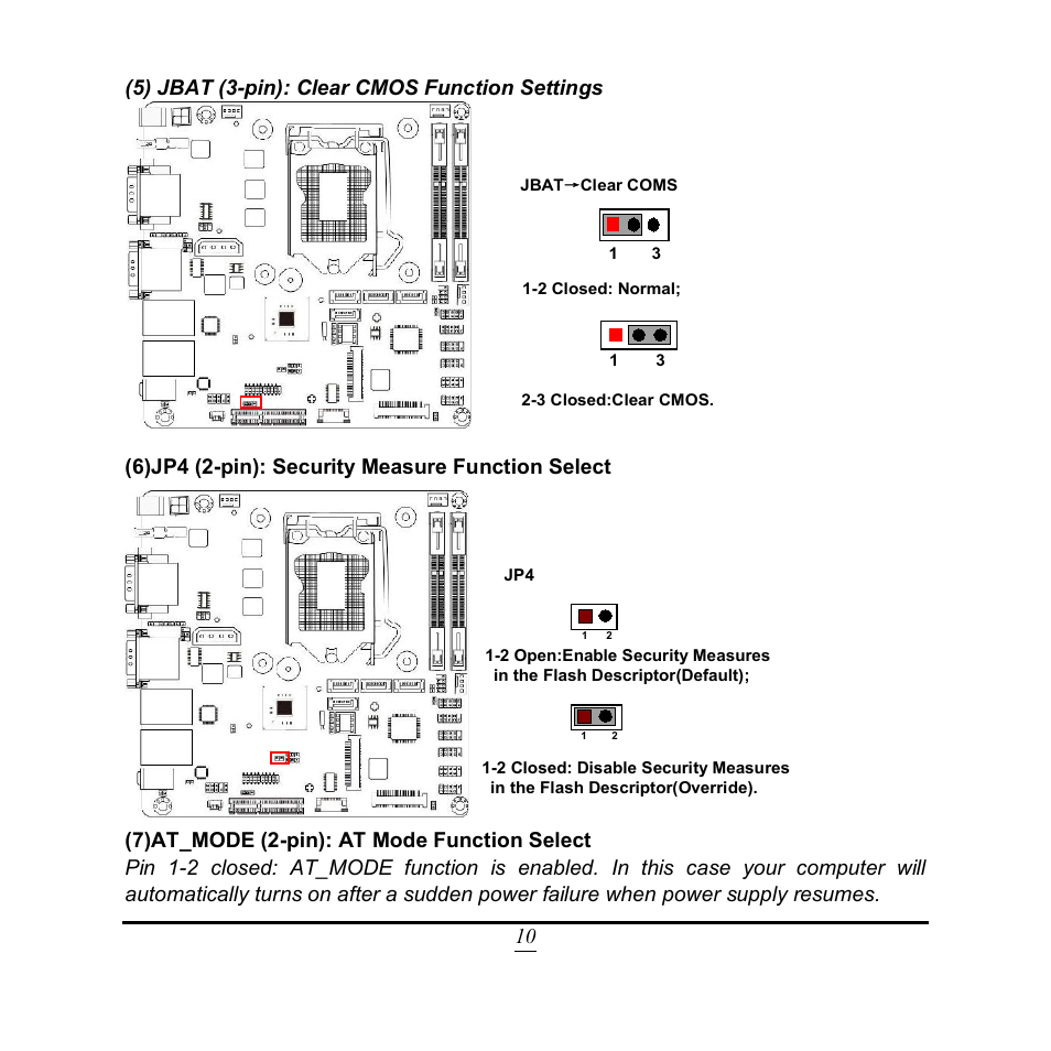 10 (5) jbat (3-pin): clear cmos function settings, 6)jp4 (2-pin): security measure function select | Jetway Computer NF9QU User Manual | Page 15 / 44