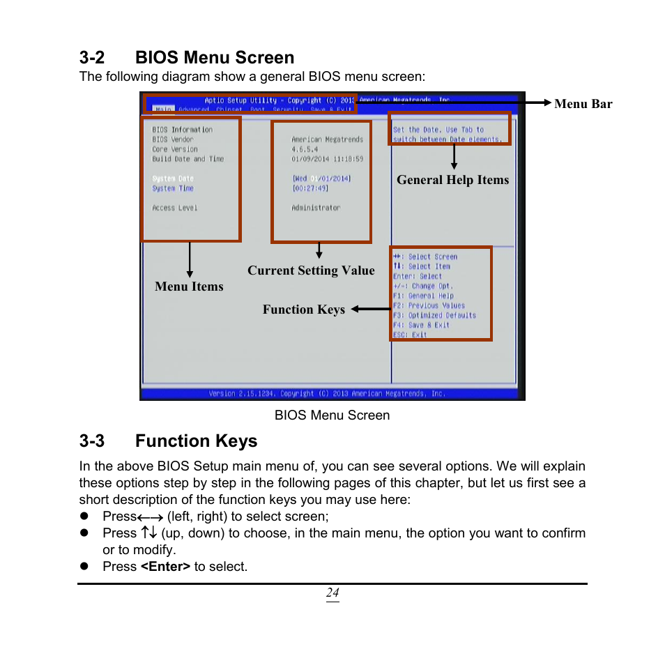 2 bios menu screen, 3 function keys | Jetway Computer NF9Q User Manual | Page 29 / 48