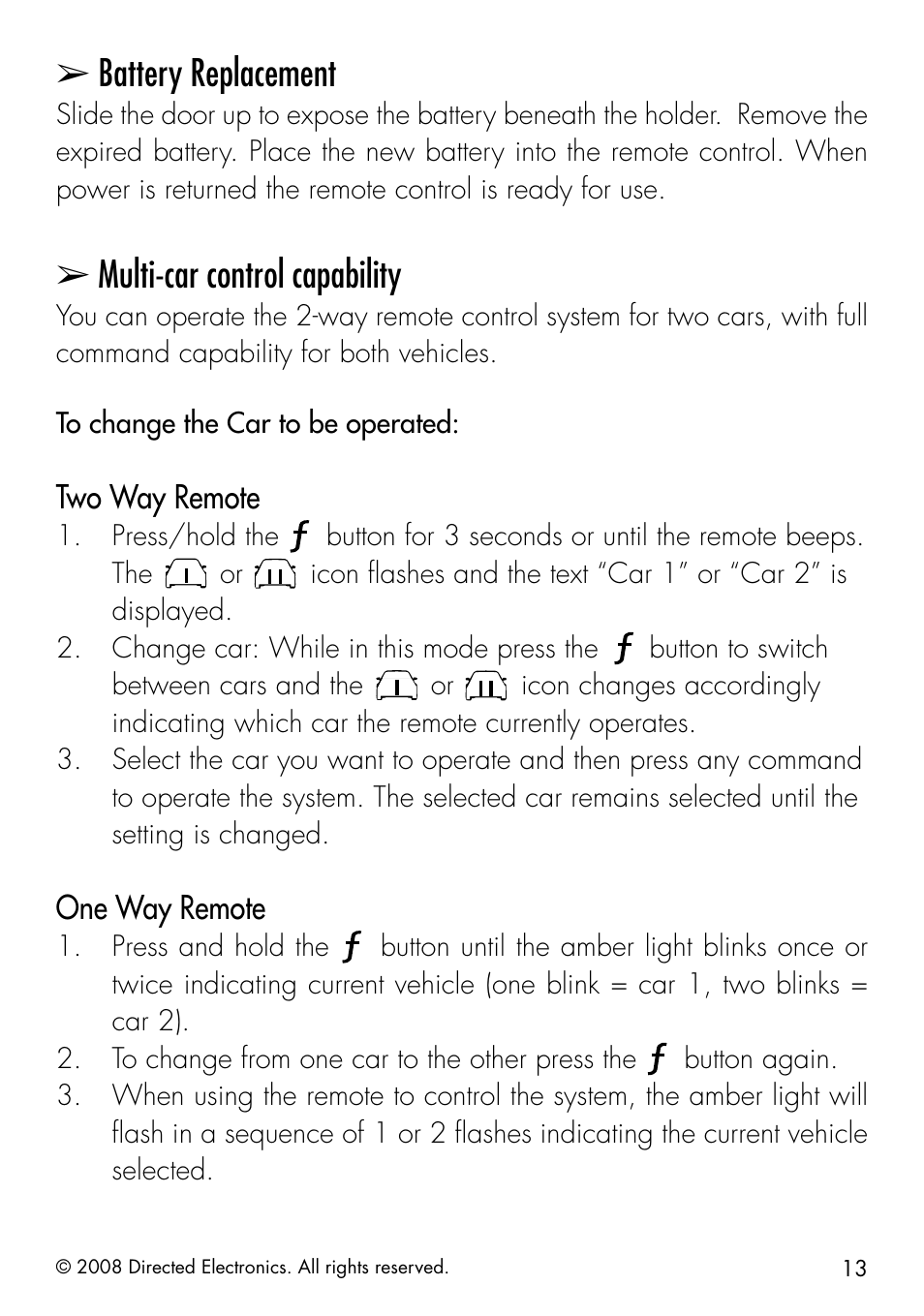 Battery replacement, Multi-car control capability, Two way remote | One way remote | CLIFFORD Responder LC 50.7X User Manual | Page 13 / 60