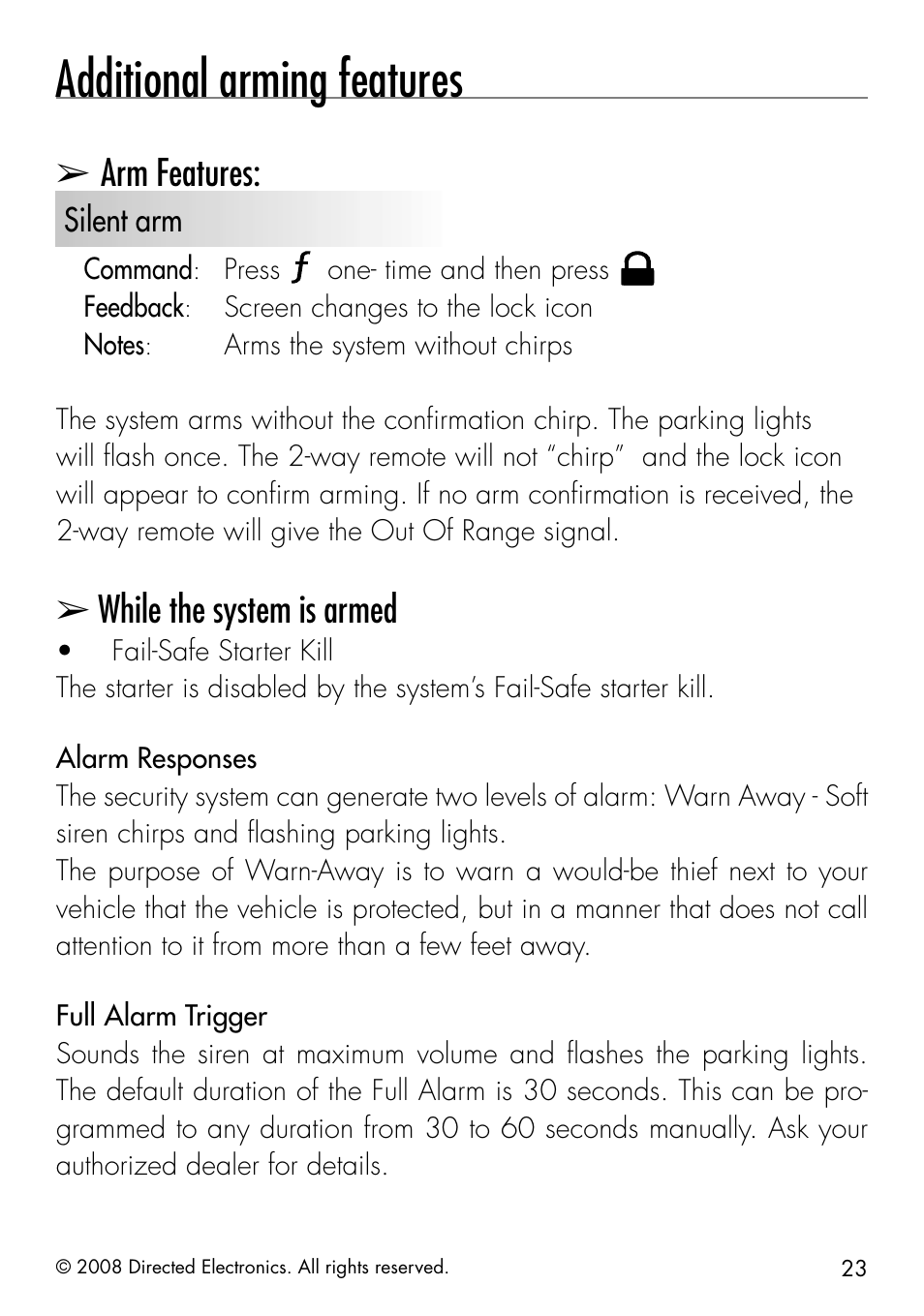 Additional arming features, While the system is armed | CLIFFORD Responder LC 50.7X User Manual | Page 23 / 60