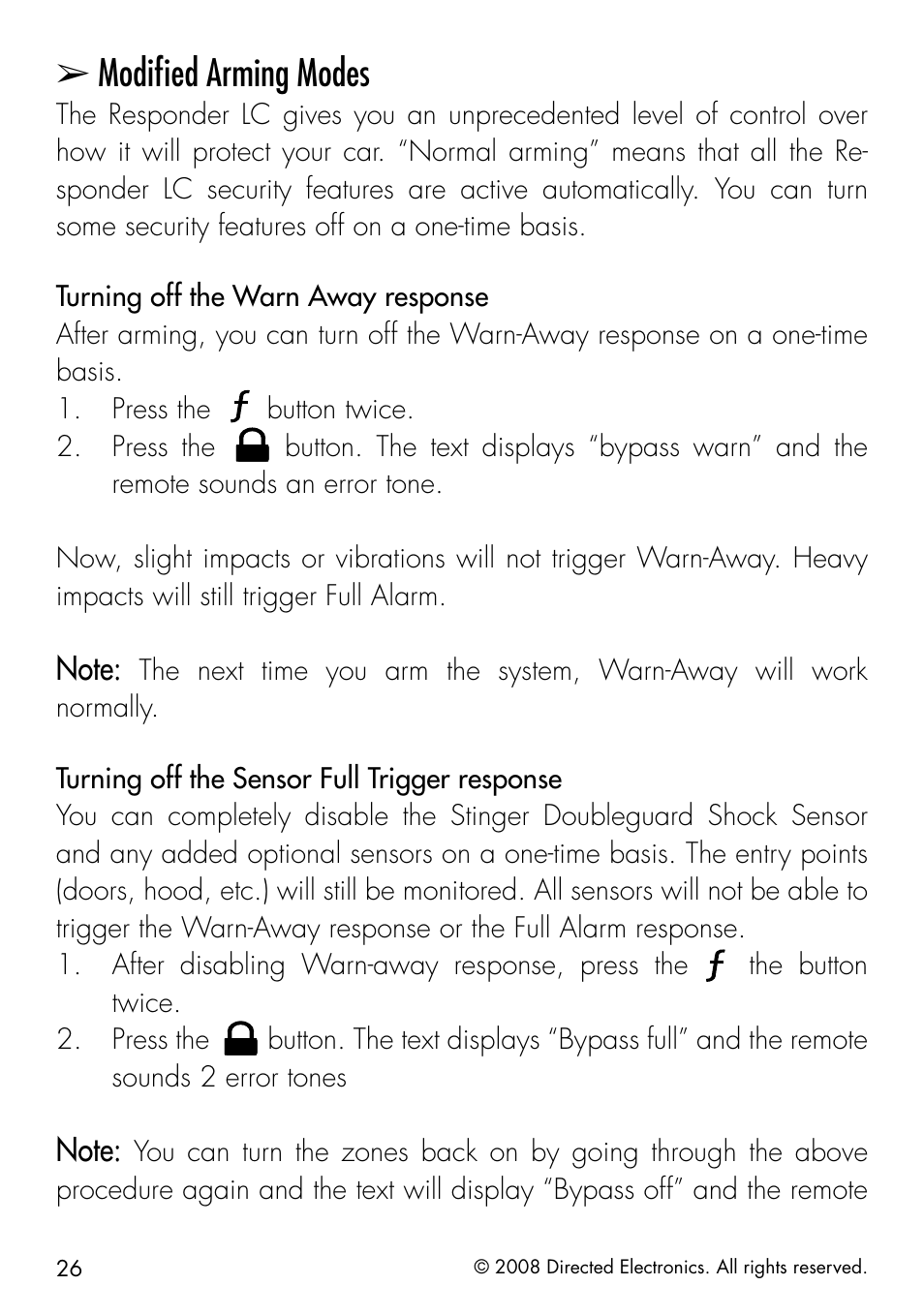 Modiﬁed arming modes | CLIFFORD Responder LC 50.7X User Manual | Page 26 / 60