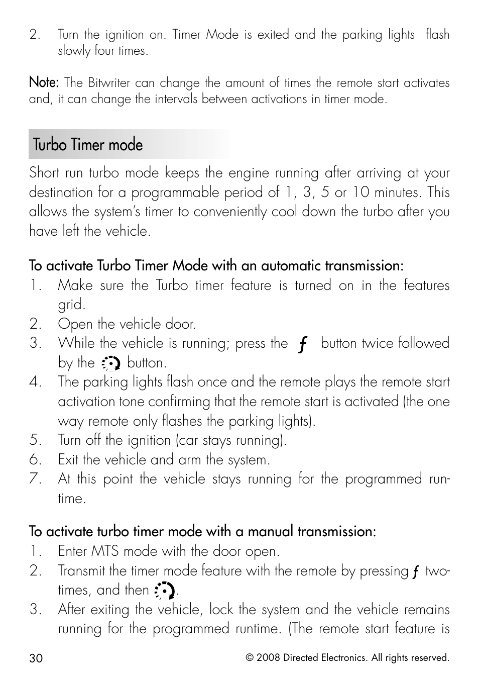 Turbo timer mode | CLIFFORD Responder LC 50.7X User Manual | Page 30 / 60