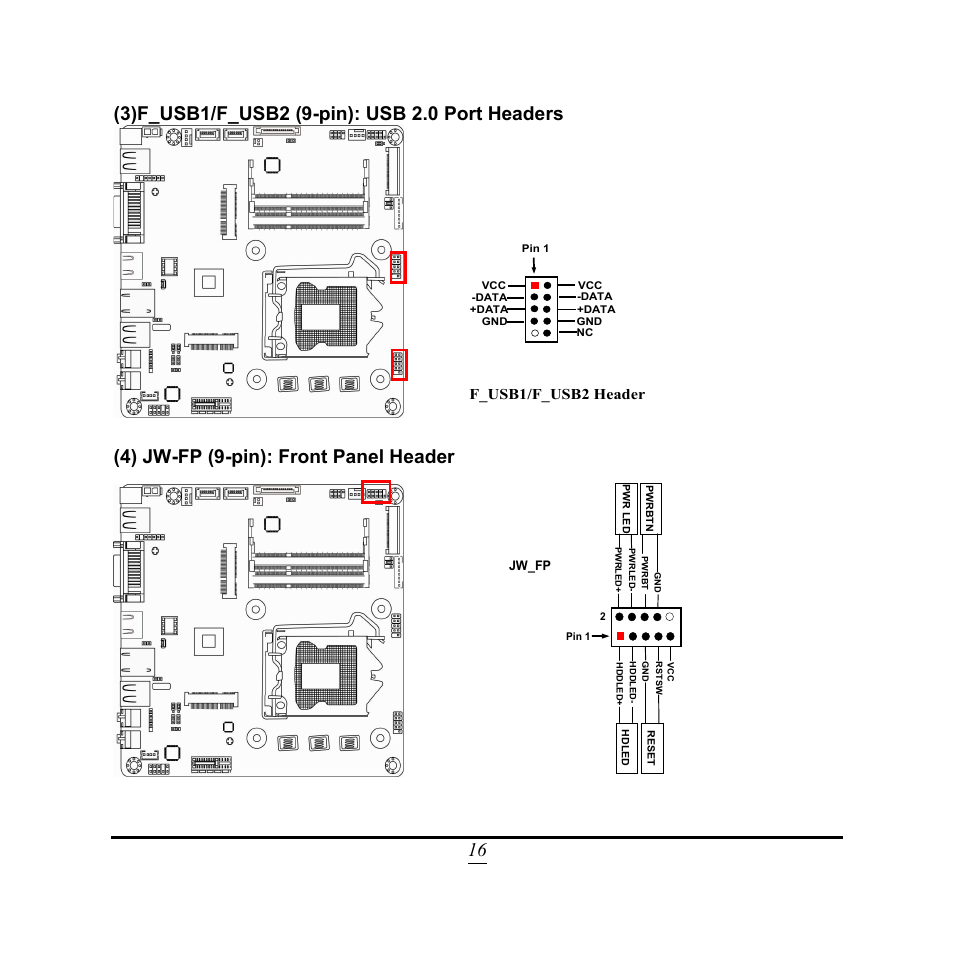 4) jw-fp (9-pin): front panel header, F_usb1/f_usb2 header | Jetway Computer NC9VL User Manual | Page 21 / 43