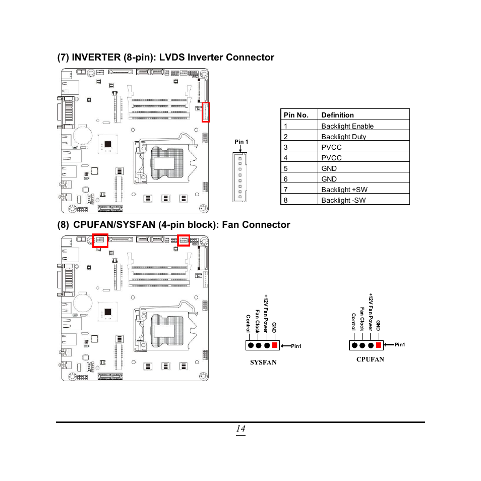 14 (7) inverter (8-pin): lvds inverter connector, 8) cpufan/sysfan (4-pin block): fan connector | Jetway Computer NC9FL User Manual | Page 19 / 40