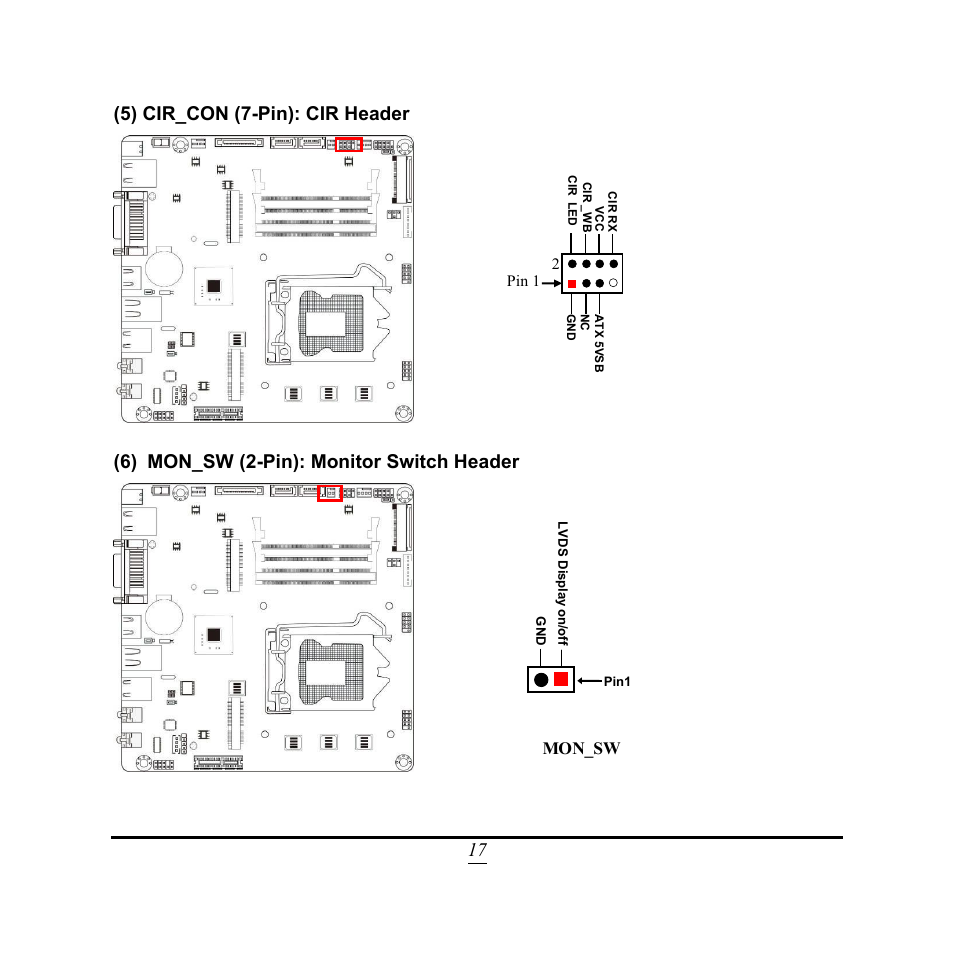 17 (5) cir_con (7-pin): cir header, 6) mon_sw (2-pin): monitor switch header, Mon_sw | Jetway Computer NC9FL User Manual | Page 22 / 40
