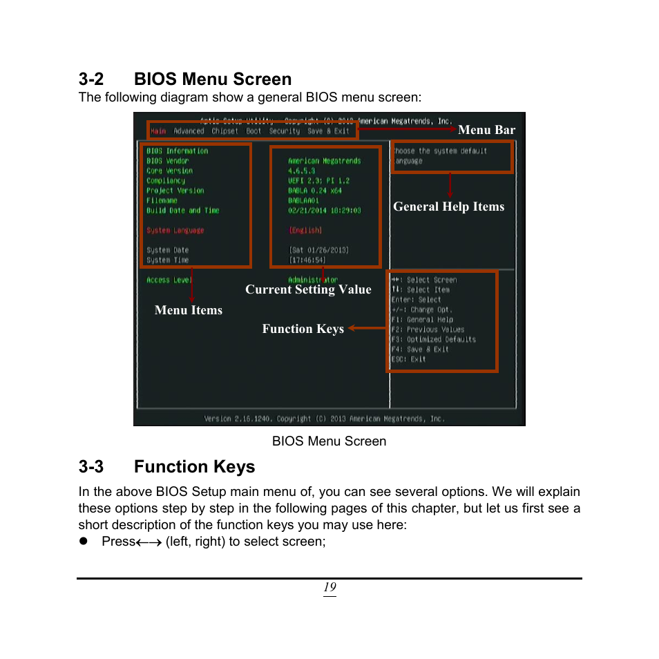 2 bios menu screen, 3 function keys | Jetway Computer NC9FL User Manual | Page 24 / 40