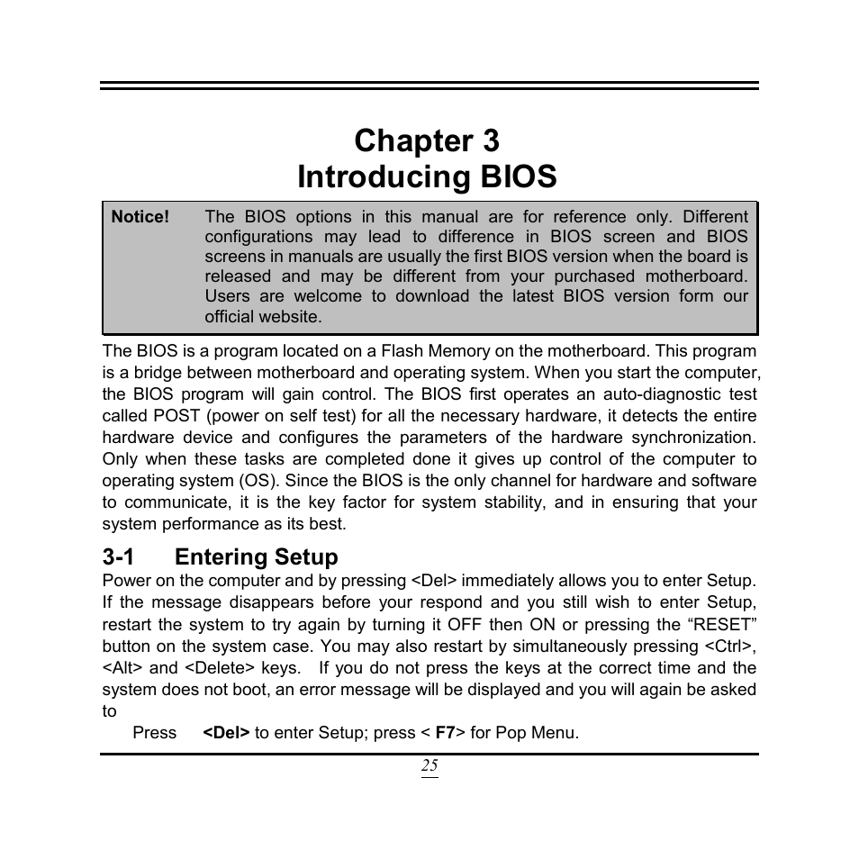 Chapter 3, Introducing bios, 1 entering setup | Chapter 3 introducing bios | Jetway Computer NF9W User Manual | Page 30 / 50