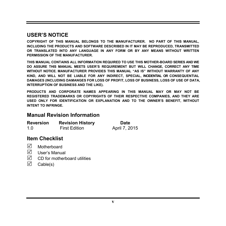 User’s notice, Manual revision information, Item checklist | Jetway Computer NF9W User Manual | Page 5 / 50