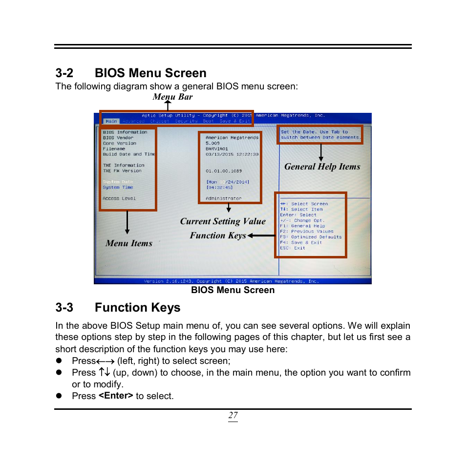 2 bios menu screen, 3 function keys | Jetway Computer NF9VT User Manual | Page 32 / 50