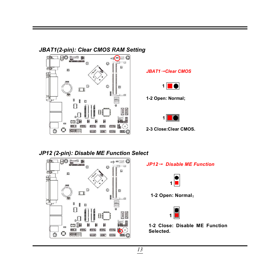 13 jbat1(2-pin): clear cmos ram setting, Jp12 (2-pin): disable me function select | Jetway Computer NF9U User Manual | Page 18 / 52