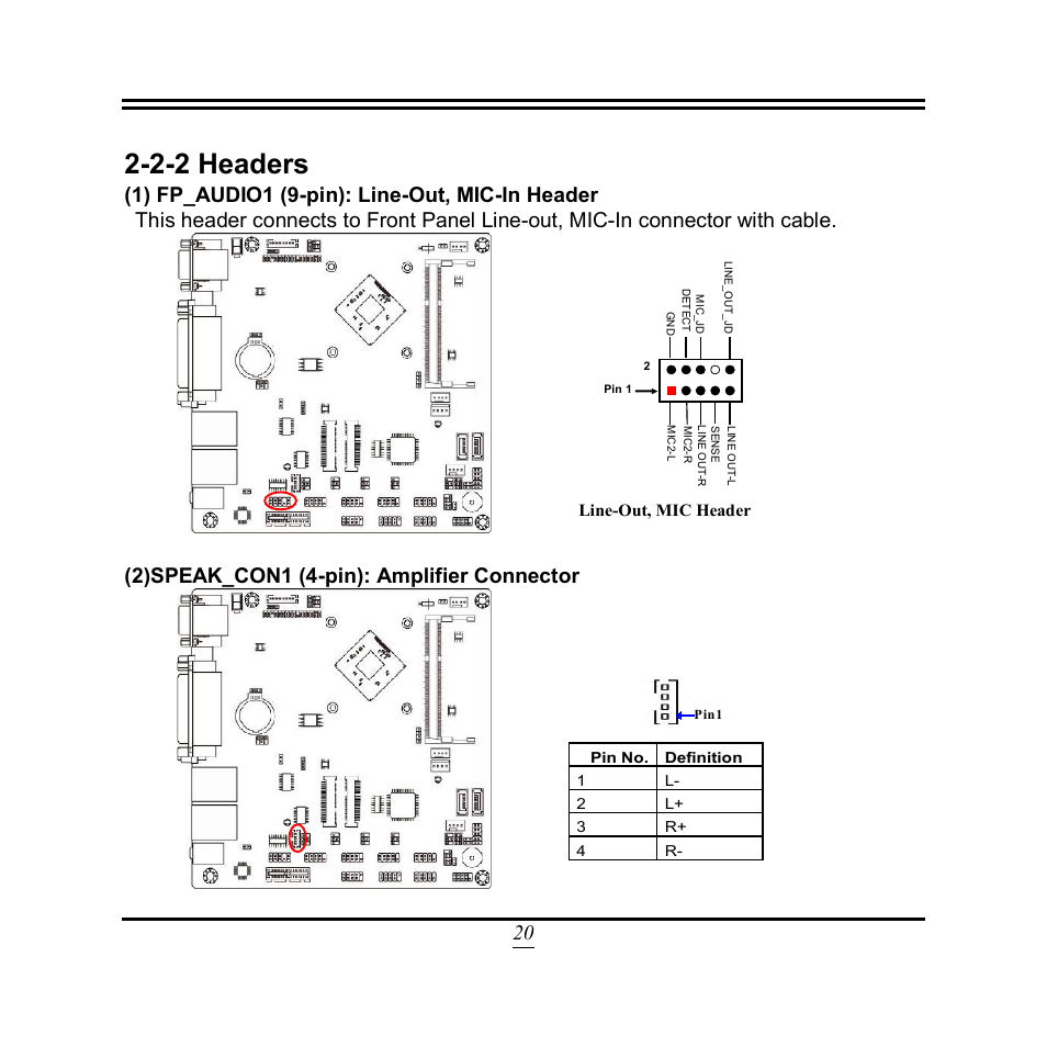 2-2 headers, 2)speak_con1 (4-pin): amplifier connector, Line-out, mic header | Jetway Computer NF9U User Manual | Page 25 / 52