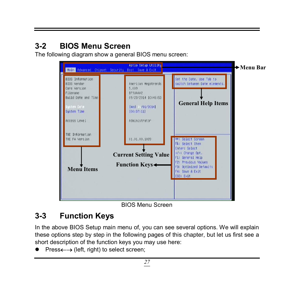 2 bios menu screen, 3 function keys | Jetway Computer NF9U User Manual | Page 32 / 52