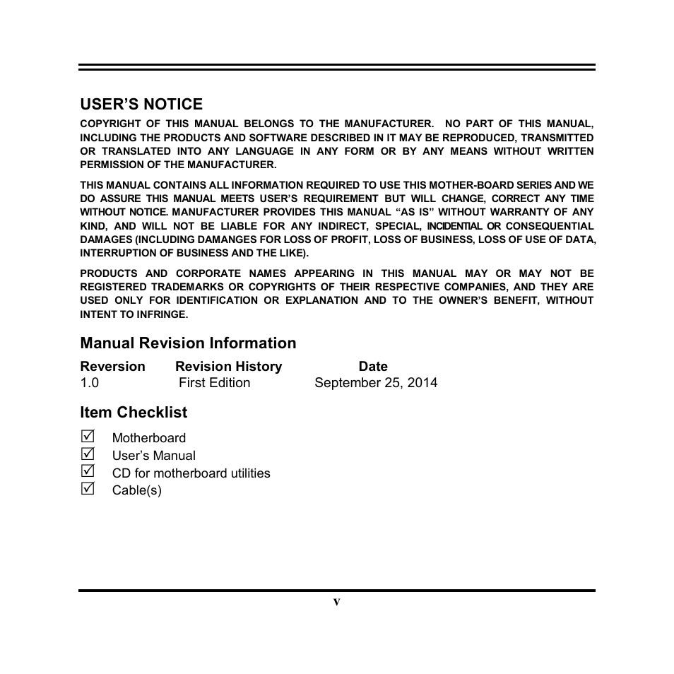 User’s notice, Manual revision information, Item checklist | Jetway Computer NF9U User Manual | Page 5 / 52