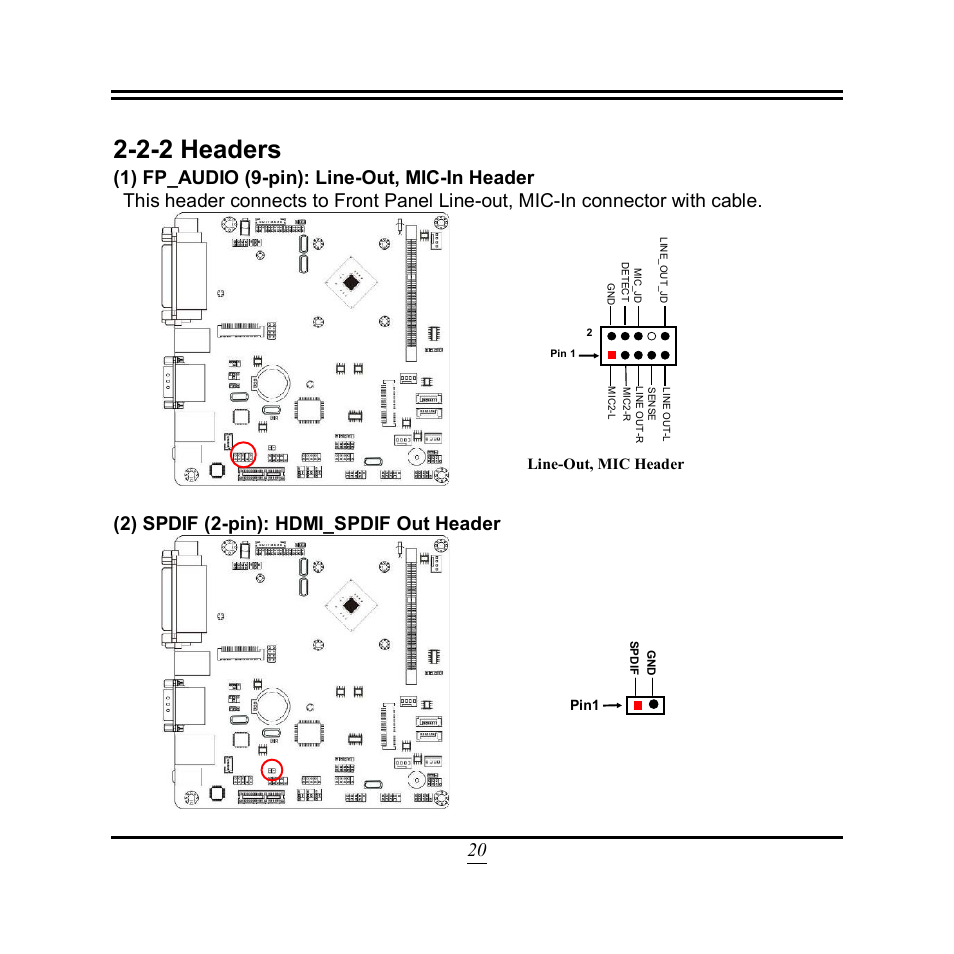 2-2 headers, 2) spdif (2-pin): hdmi_spdif out header, Line-out, mic header | Jetway Computer NF9T User Manual | Page 25 / 53