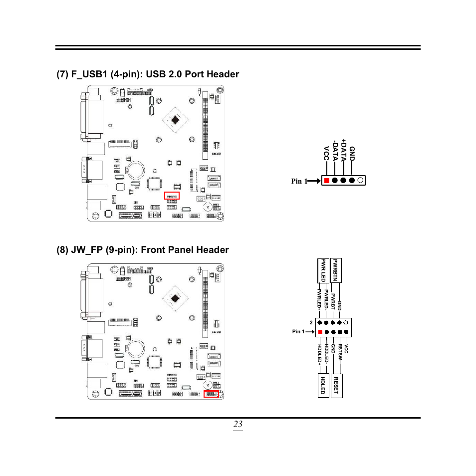 8) jw_fp (9-pin): front panel header, Pin 1 | Jetway Computer NF9T User Manual | Page 28 / 53