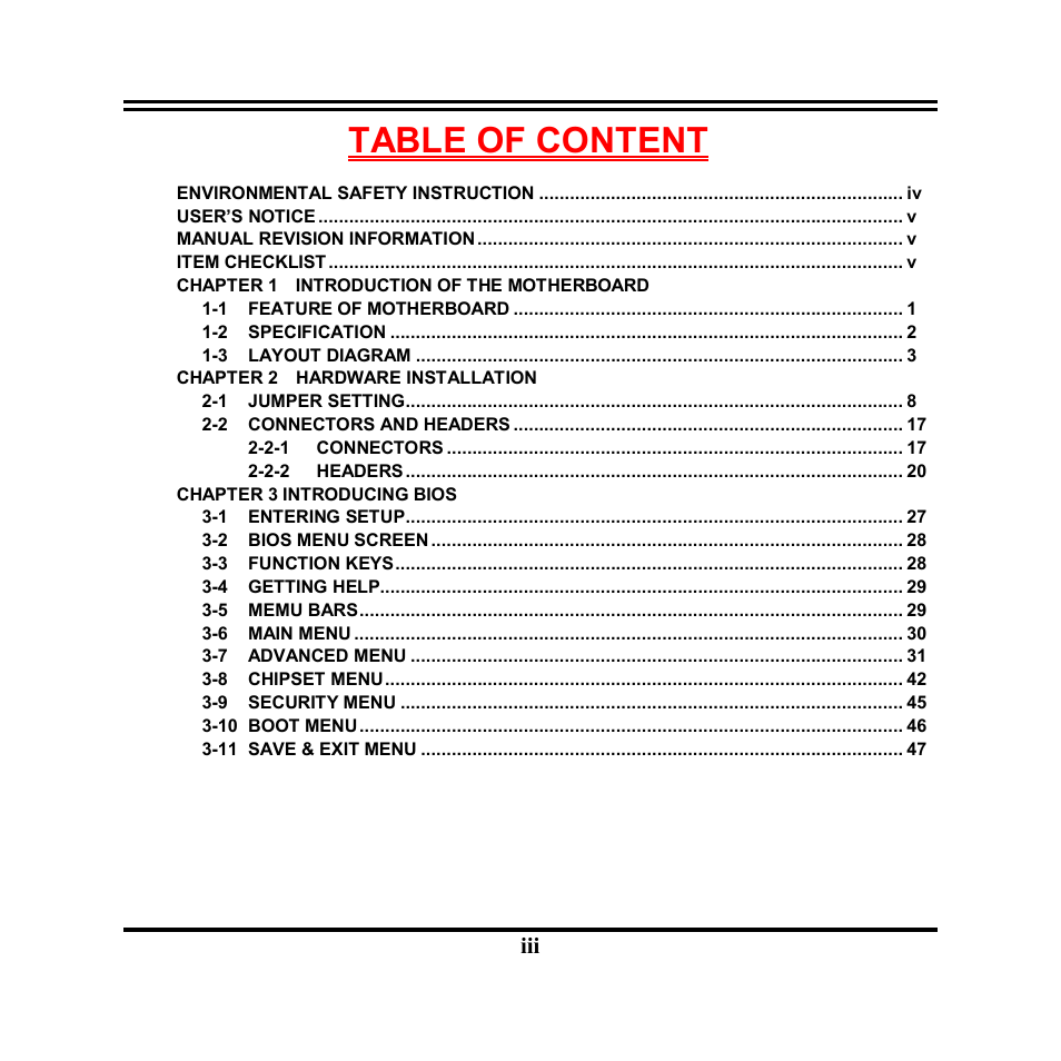 Table of content | Jetway Computer NF9T User Manual | Page 3 / 53