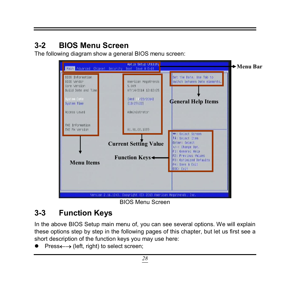 2 bios menu screen, 3 function keys | Jetway Computer NF9T User Manual | Page 33 / 53