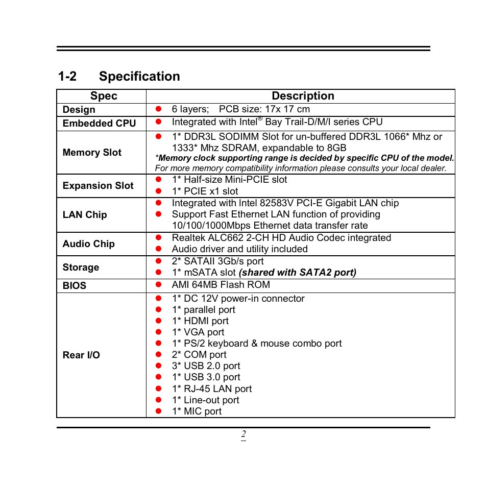 2 specification, Spec, Description | Jetway Computer NF9T User Manual | Page 7 / 53