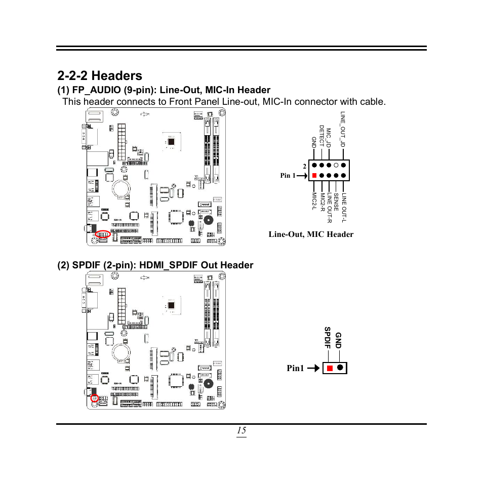 2-2 headers, 2) spdif (2-pin): hdmi_spdif out header, Pin1 | Line-out, mic header | Jetway Computer NF9N User Manual | Page 20 / 49