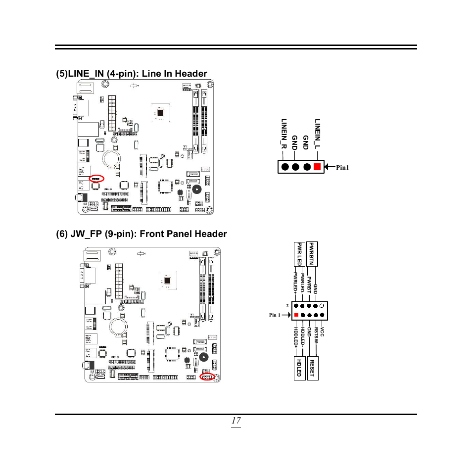 17 (5)line_in (4-pin): line in header, 6) jw_fp (9-pin): front panel header | Jetway Computer NF9N User Manual | Page 22 / 49
