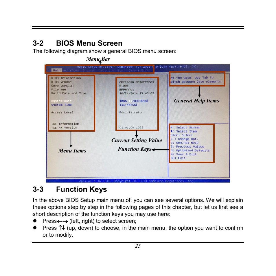 2 bios menu screen, 3 function keys | Jetway Computer NF9N User Manual | Page 30 / 49