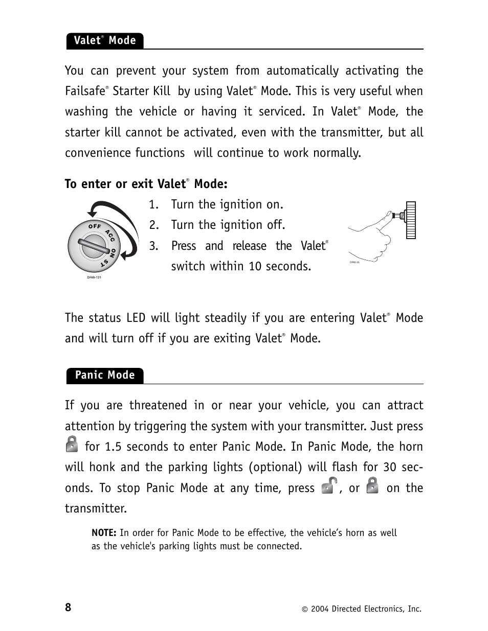 Starter kill by using valet, Mode and will turn off if you are exiting valet | CLIFFORD G5 11CX 562C User Manual | Page 12 / 20